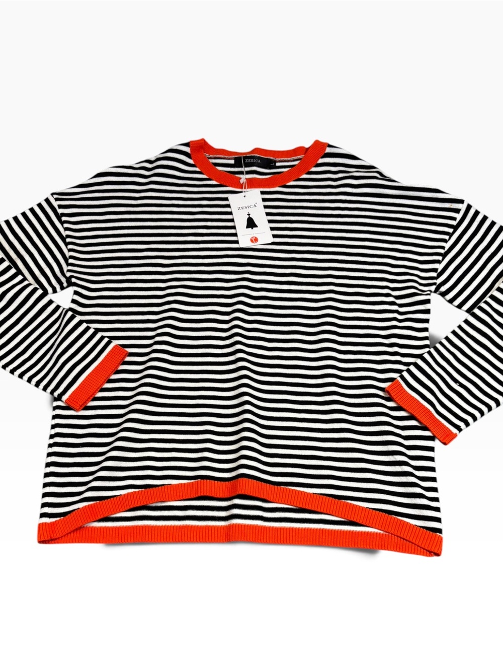 ZESICA Striped Knit Sweater Black White Orange Trim Oversized Pullover Large NWT